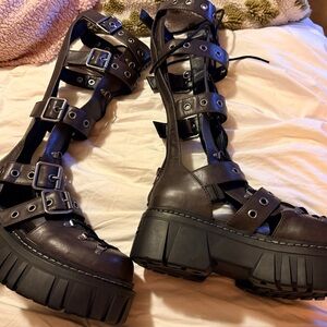 Dolls Kill Dark Brown Gladiator Strapped Combat Platform Boot